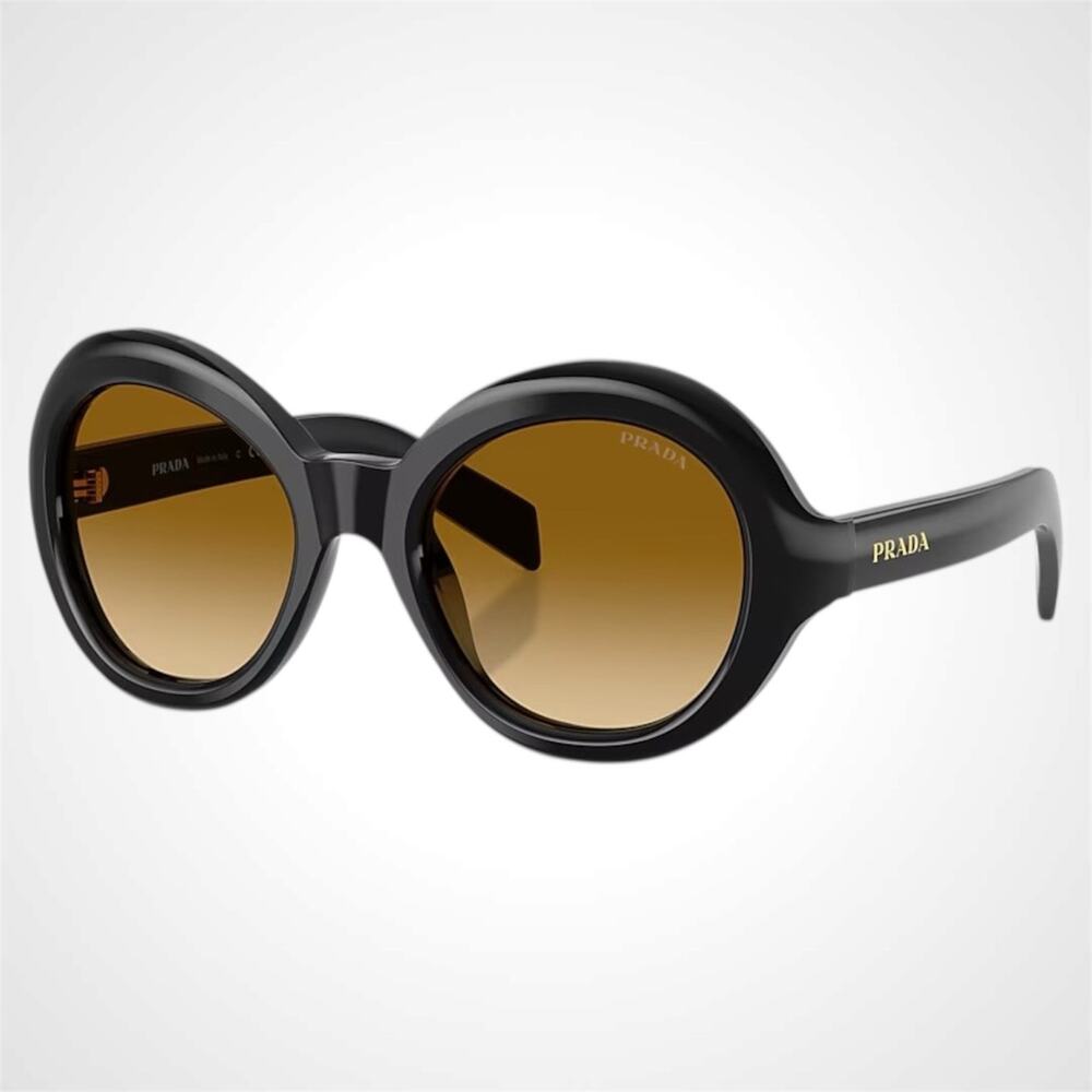 New PRADA Sunglasses Black Round Frame Yellow Brown Lens Women's